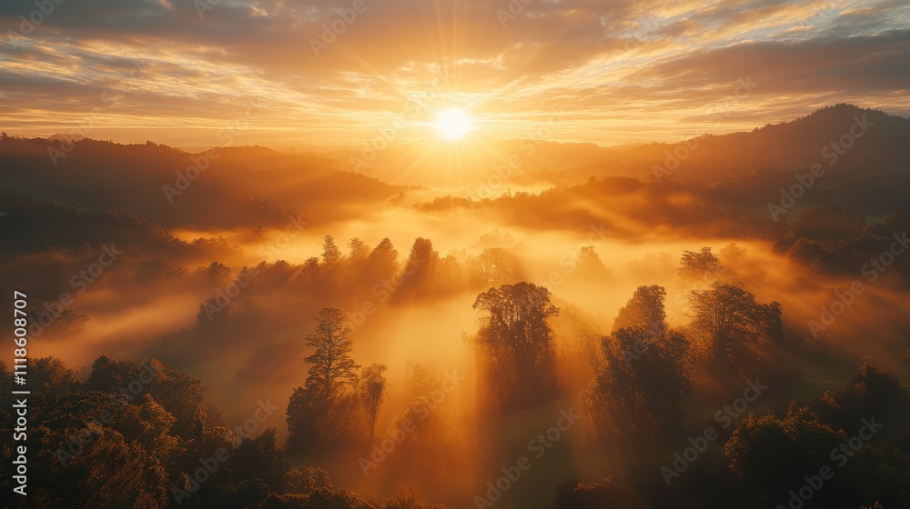 Obraz premium Breathtaking Sunrise Over Misty Landscape with Soft Light Illuminating Trees and Rolling Hills in a Serene Natural Environment