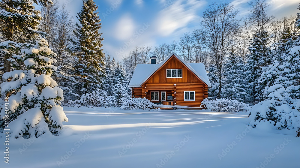A cozy log cabin surrounded by snow-covered trees under a bright sky, creating a serene winter landscape.