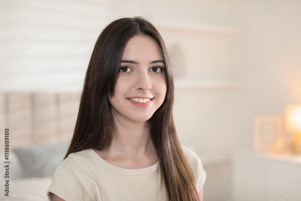 Portrait of happy teenage girl at home. Space for text Portrait of happy teenage girl at home. Space for text