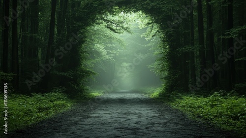 A mystical image of a forest where the path leads deeper through densely packed trees, illuminated from above by a soft, ethereal sunlight, suggesting tranquility and discovery.