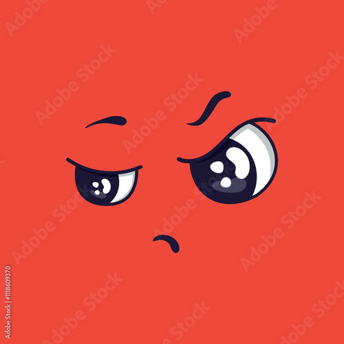 Suspicious cartoon face expressing distrust, skepticism, and doubt with squinted eyes and a furrowed brow on a vibrant red background, conveying a sense of unease and questioning