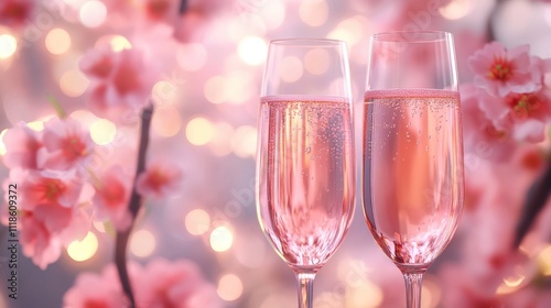 Two Glasses of Sparkling Wine Against a Floral Backdrop