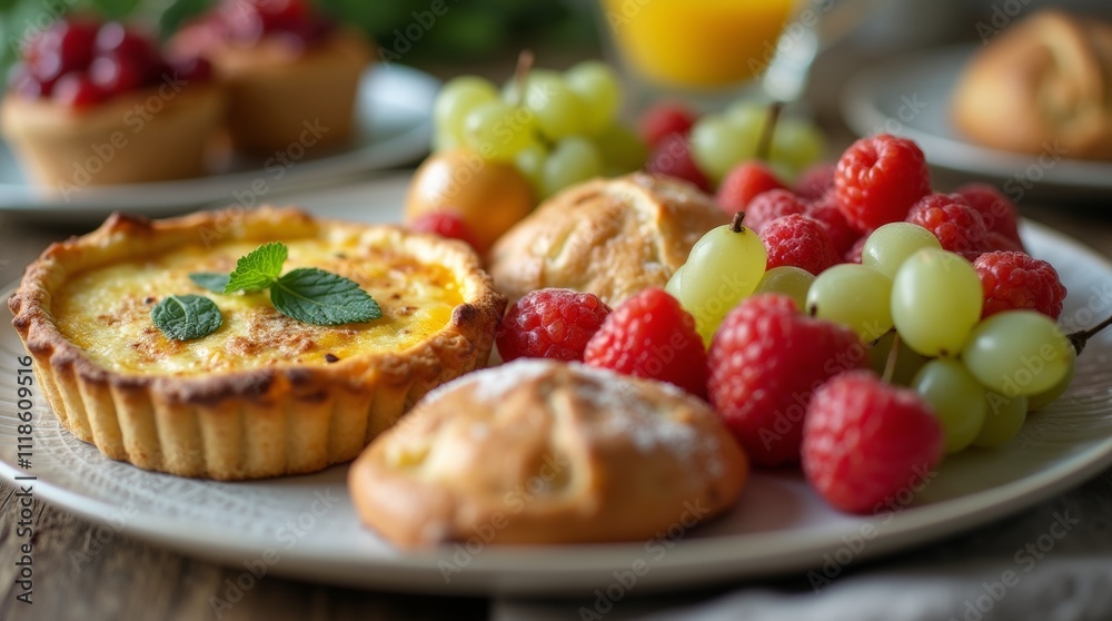 A close-up of a delicious Easter brunch plate featuring a variety of seasonal foods, such as quiche, fresh fruit, and pastries, beautifully presented on a rustic wooden table. A close-up of a delicious Easter brunch plate featuring a variety of seasonal foods, such as quiche, fresh fruit, and pastries, beautifully presented on a rustic wooden table.