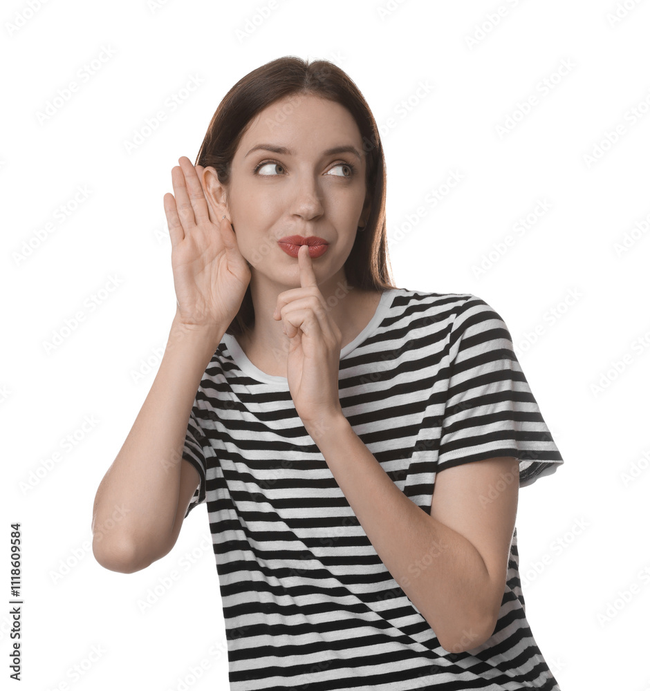 Woman showing hand to ear gesture on white background Woman showing hand to ear gesture on white background