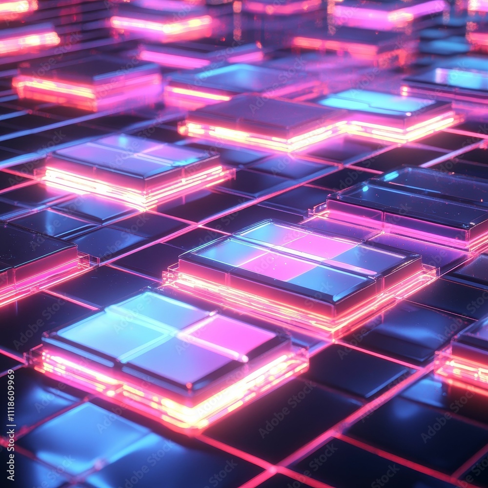 Neon-lit grid of glossy, rectangular blocks. Neon-lit grid of glossy, rectangular blocks.