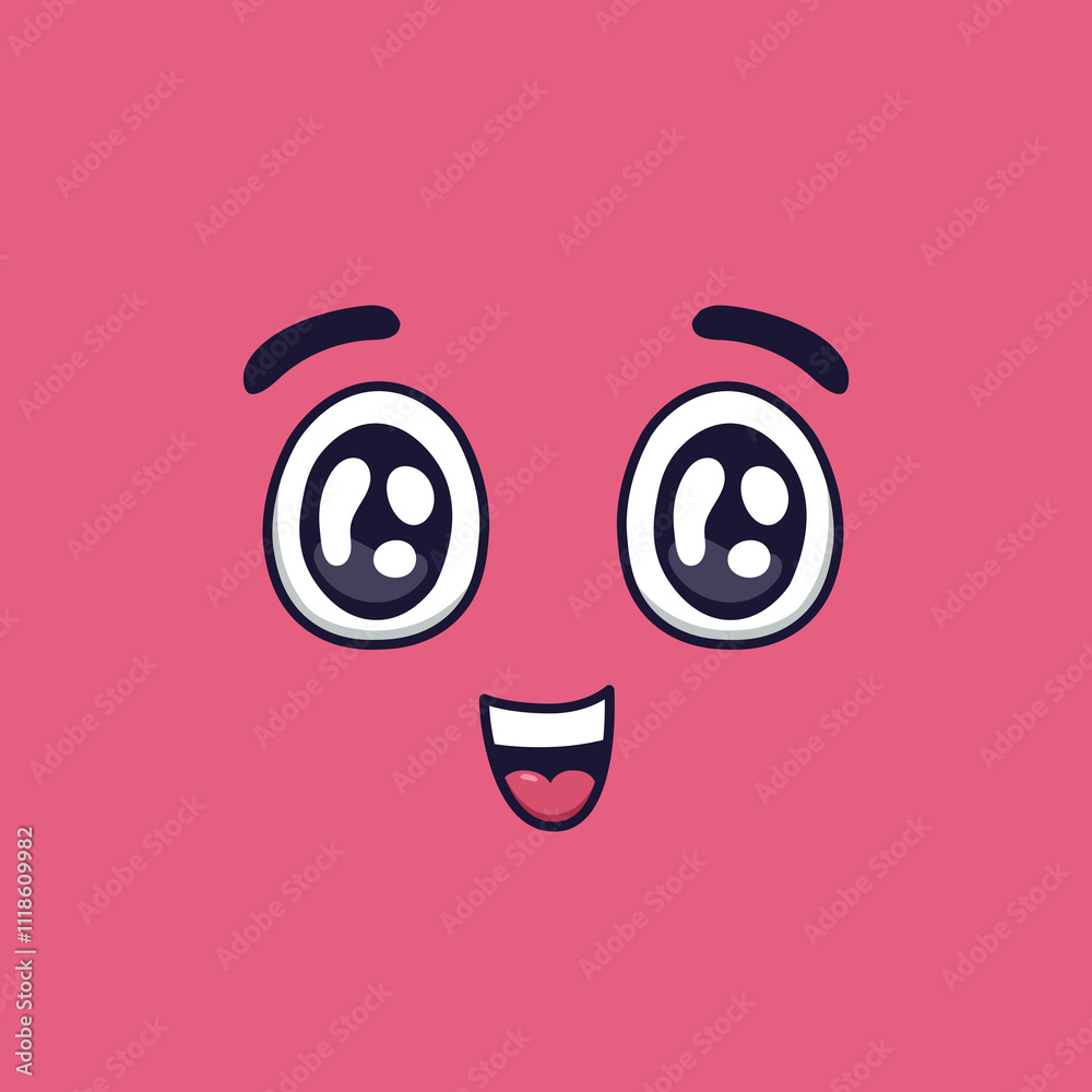 Cartoon face expressing surprise and happiness with wide open eyes, raised eyebrows, and a cheerful smile against a vibrant pink background, radiating joy and wonder Cartoon face expressing surprise and happiness with wide open eyes, raised eyebrows, and a cheerful smile against a vibrant pink background, radiating joy and wonder