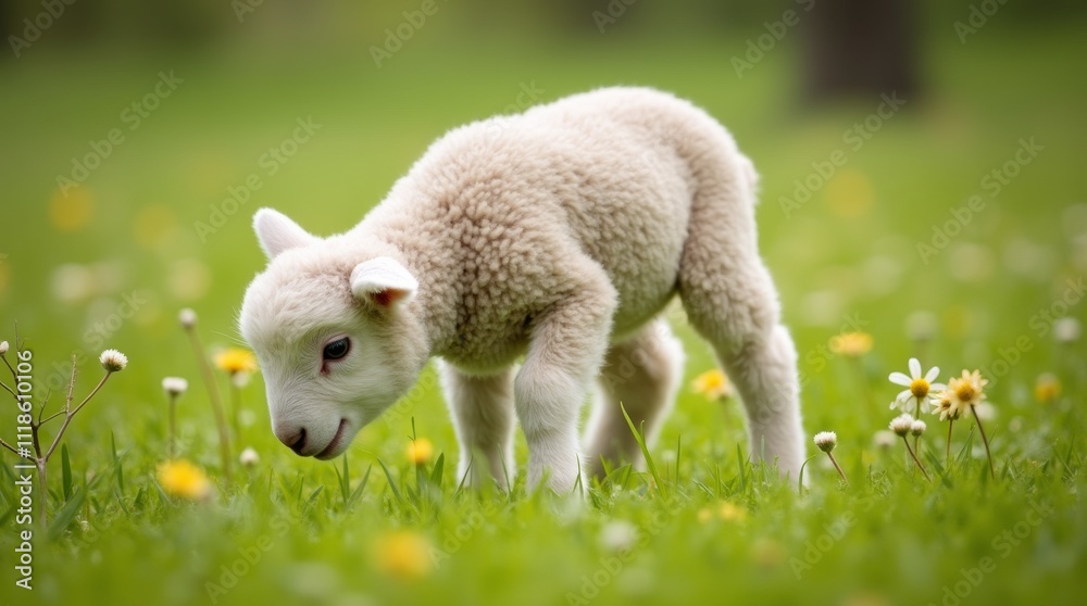 A fluffy lamb grazing in a lush green meadow, surrounded by wildflowers, embodying the essence of spring and innocence in a pastoral setting A fluffy lamb grazing in a lush green meadow, surrounded by wildflowers, embodying the essence of spring and innocence in a pastoral setting