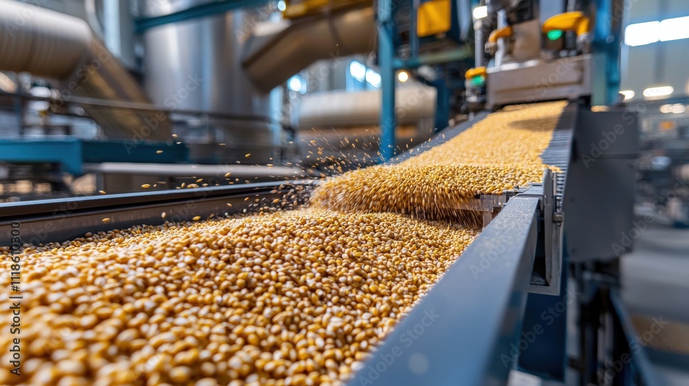 A conveyor belt is filled with yellow corn