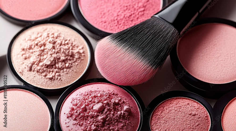 Variety of blush powders arranged with a makeup brush showcasing shades of pink suitable for different skin tones during a beauty routine Variety of blush powders arranged with a makeup brush showcasing shades of pink suitable for different skin tones during a beauty routine