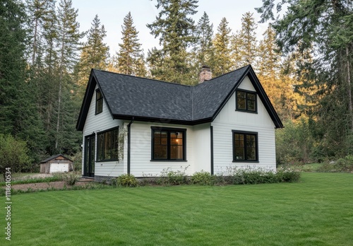 Charming White Cottage Surrounded by Lush Green Lawn and Tall Conifer Trees in a Tranquil Forest Setting with Golden Evening Light