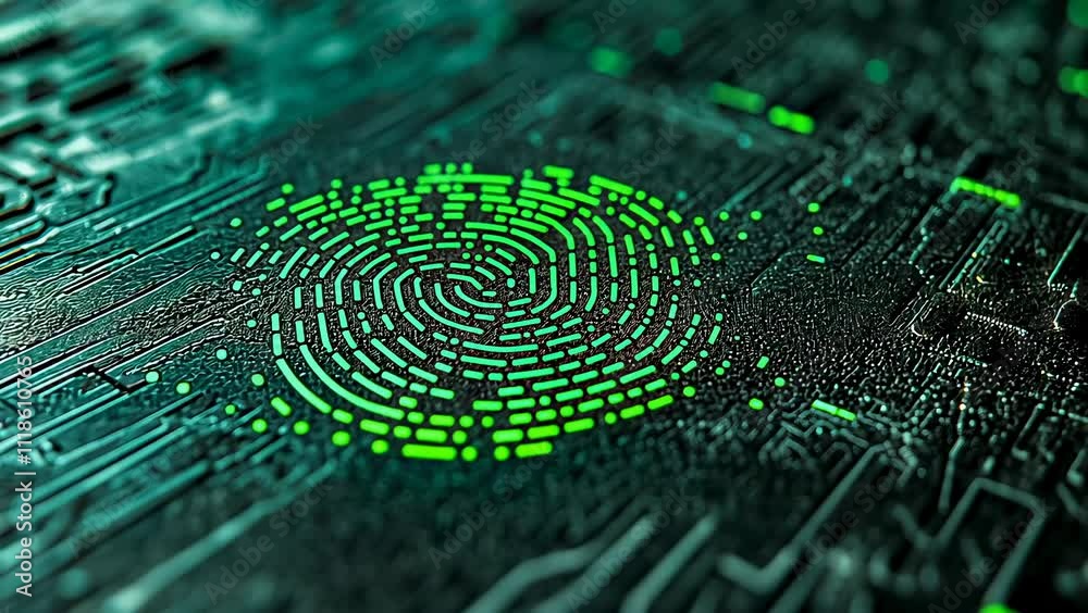 A glowing green fingerprint illuminates a detailed circuit board, symbolizing advanced digital security technology. It conveys themes of cybersecurity and technology. A glowing green fingerprint illuminates a detailed circuit board, symbolizing advanced digital security technology. It conveys themes of cybersecurity and technology.