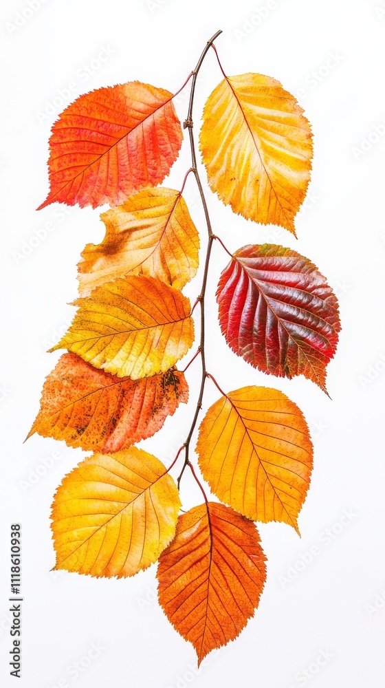 Obraz premium Autumnal Hues: A vibrant branch adorned with a cascade of colorful leaves, showcasing the rich tapestry of autumn's palette in a striking arrangement. The leaves, in hues of golden yellow.