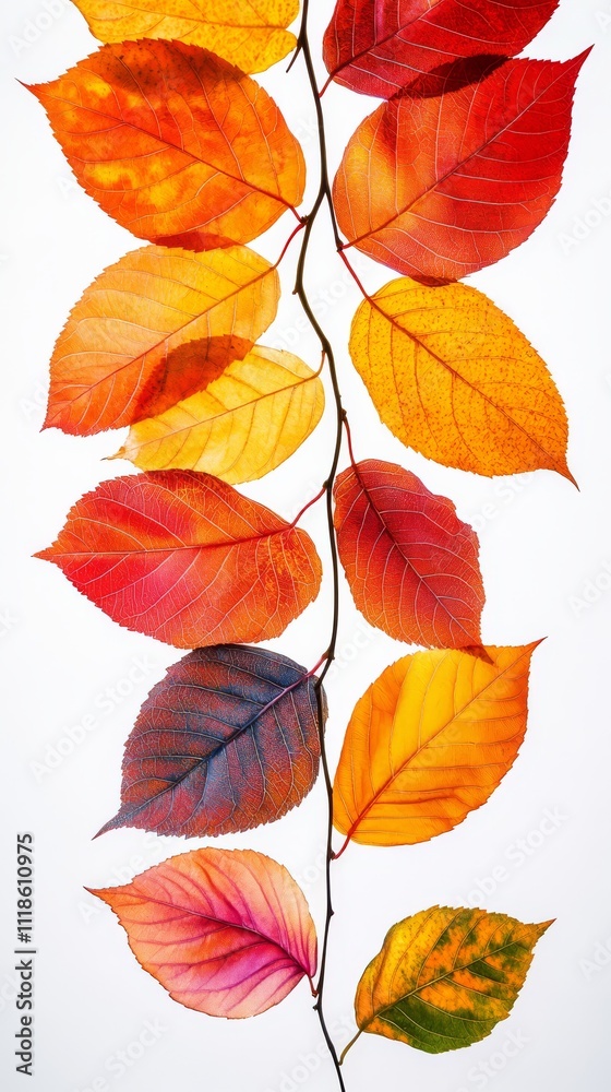 Obraz premium Autumnal Symphony: A vibrant cascade of leaves in hues of crimson, gold, and amber dances down a branch, showcasing the beauty of fall's transformation. 