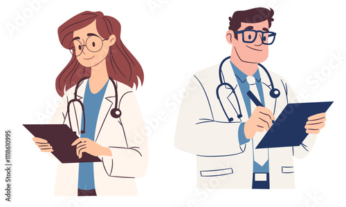 A set of flat vector illustrations in a simple style. Doctors man and woman standing and writing something in a notebook, listening to a patient. Vector illustration