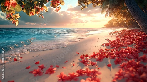 Tropical flowers dancing in warm ocean breeze serene beach nature scene tranquil environment coastal perspective relaxing vibes photo