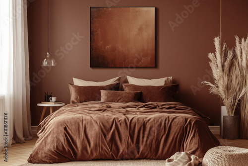 velvet bed in muted mocha brown color with abstract muted mocha brown painting above, muted mocha brown wall, 2025 color