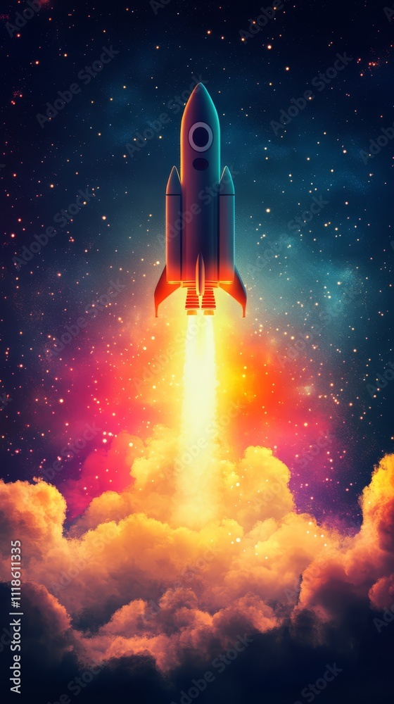 Rocket Launch into the Cosmos: A powerful rocket ascends through a vibrant nebula, its fiery trail illuminating the clouds below, symbolizing ambition, innovation, and the pursuit of the unknown. Rocket Launch into the Cosmos: A powerful rocket ascends through a vibrant nebula, its fiery trail illuminating the clouds below, symbolizing ambition, innovation, and the pursuit of the unknown.