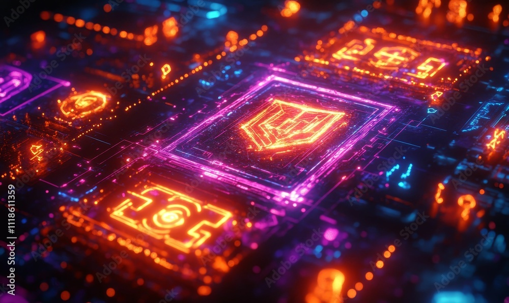 Fototapeta premium Neon symbols glow on a futuristic circuit board.