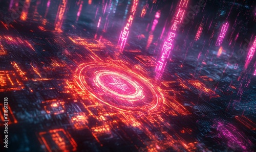 Glowing circuit board, vibrant pink and orange.