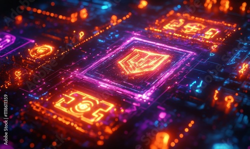 Neon symbols glow on a futuristic circuit board.