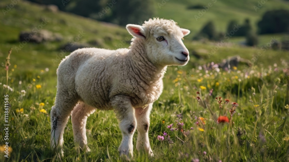 A fluffy lamb grazing in a lush green meadow, surrounded by wildflowers, embodying the essence of spring and innocence in a pastoral setting A fluffy lamb grazing in a lush green meadow, surrounded by wildflowers, embodying the essence of spring and innocence in a pastoral setting