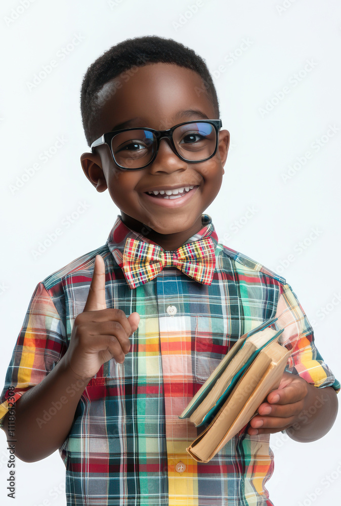 Young man smiling with books and a bow tie, pointing his finger at you. Young man smiling with books and a bow tie, pointing his finger at you.
