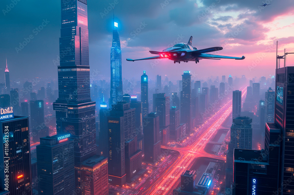 A futuristic spaceship flying over a neon city at sunset A futuristic spaceship flying over a neon city at sunset