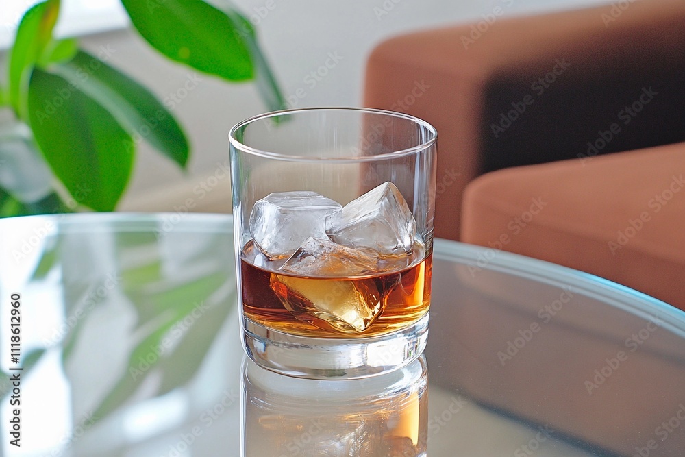 Evening relaxation with a glass of whiskey on a stylish table. Generative AI Evening relaxation with a glass of whiskey on a stylish table. Generative AI