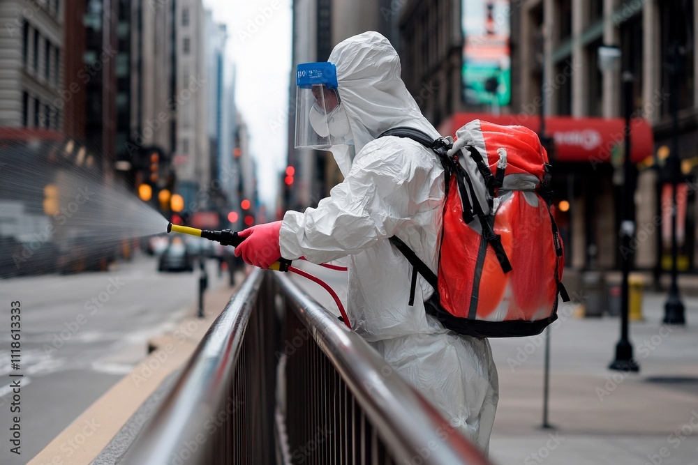 Urban sanitation worker disinfecting city streets amidst the pandemic. Generative AI Urban sanitation worker disinfecting city streets amidst the pandemic. Generative AI