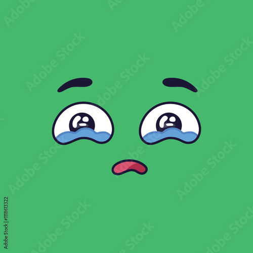 Cartoon face illustration conveying sadness and sorrow with crying eyes and a downturned mouth, set against a vibrant green background, perfect for expressing emotional states