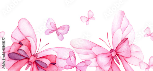 watercolor seamless border with butterflies with pink bows and ribbons. festive frame on white background