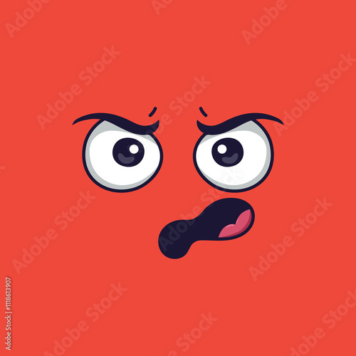 Cartoon angry face displaying negative emotions with furrowed eyebrows, wide open eyes, and a partially open mouth revealing a tongue against a vibrant red background