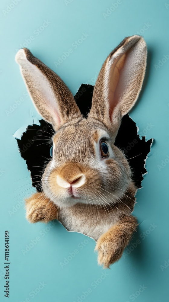 Obraz premium Curious Bunny: a fluffy bunny peers through a torn hole against a soft-blue backdrop. This endearing shot captures its inquisitive nature, promising a dash of playful energy to any creative endeavor.
