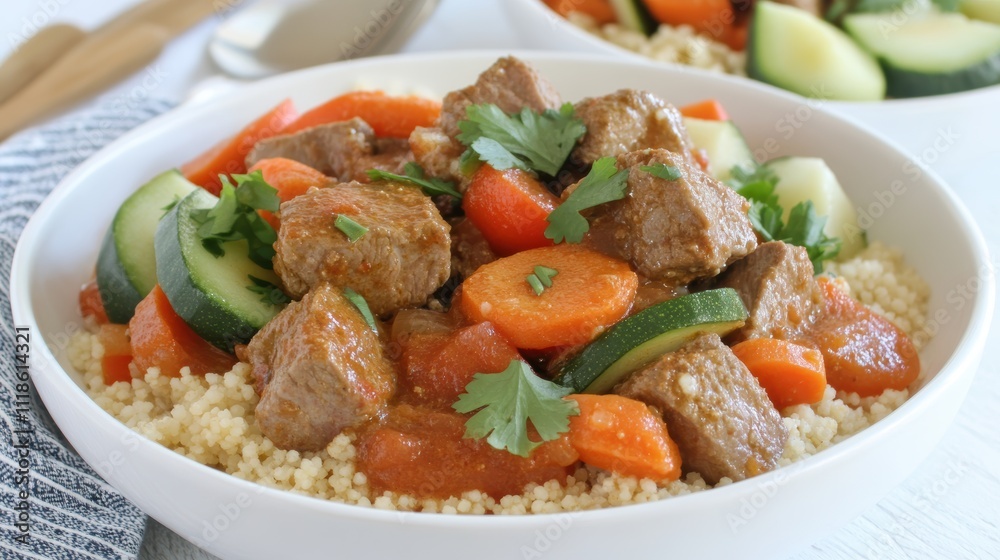 Beef stew with couscous, carrots, and zucchini. Beef stew with couscous, carrots, and zucchini.