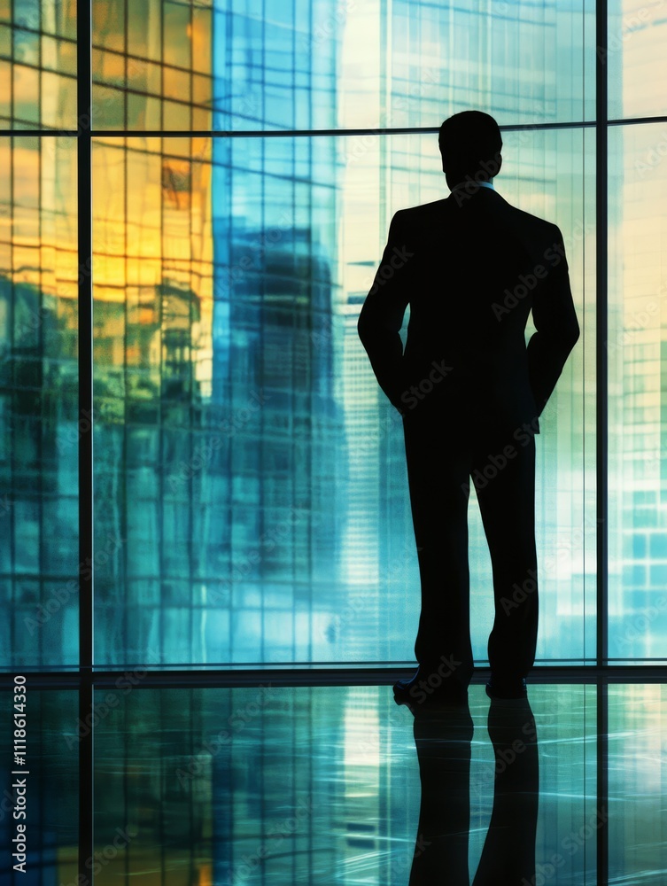 A Contemplative Gaze: A silhouette of a person, hands in pockets, gazes out through a large window at the city skyline, reflecting on success and planning for future in this moment of peace A Contemplative Gaze: A silhouette of a person, hands in pockets, gazes out through a large window at the city skyline, reflecting on success and planning for future in this moment of peace