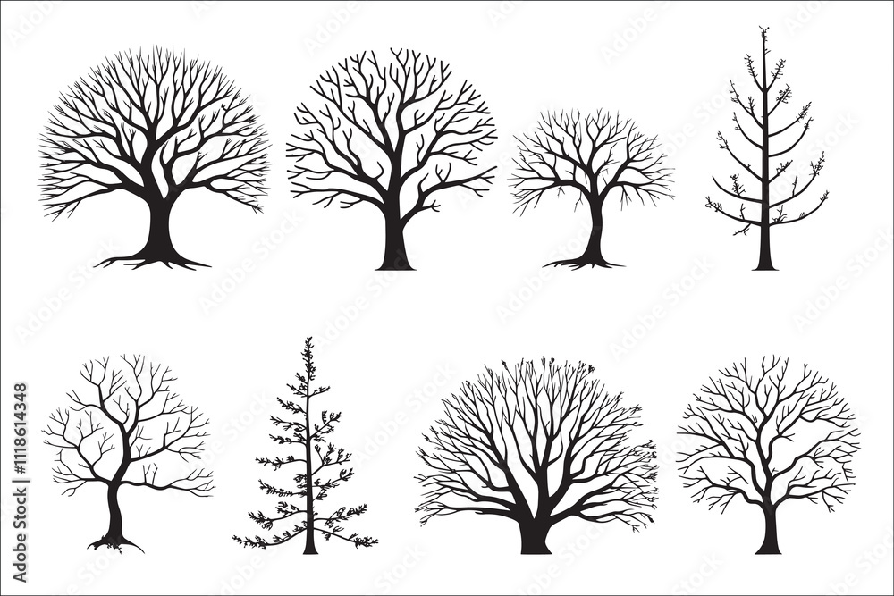 Fototapeta premium Various black tree silhouettes on white background.