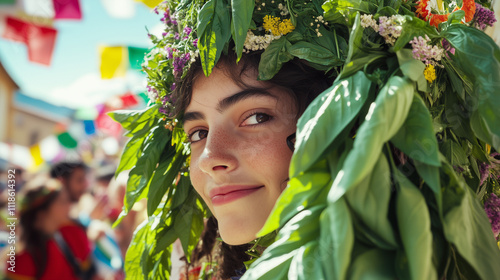 Festival de la Albahaca, a colorful parade with participants wearing traditional costumes decorated with basil leaves, Ai generated images photo