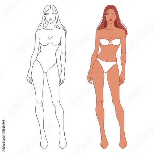 Eight-head fashion figure template. The female fashion croquis. Vector illustration of a young woman wearing lingerie, isolated on a white background.