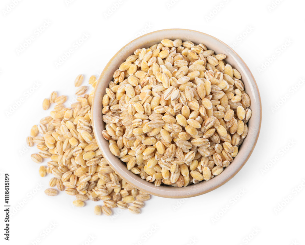 Pearl barley groats in bowl isolated on white, top view Pearl barley groats in bowl isolated on white, top view