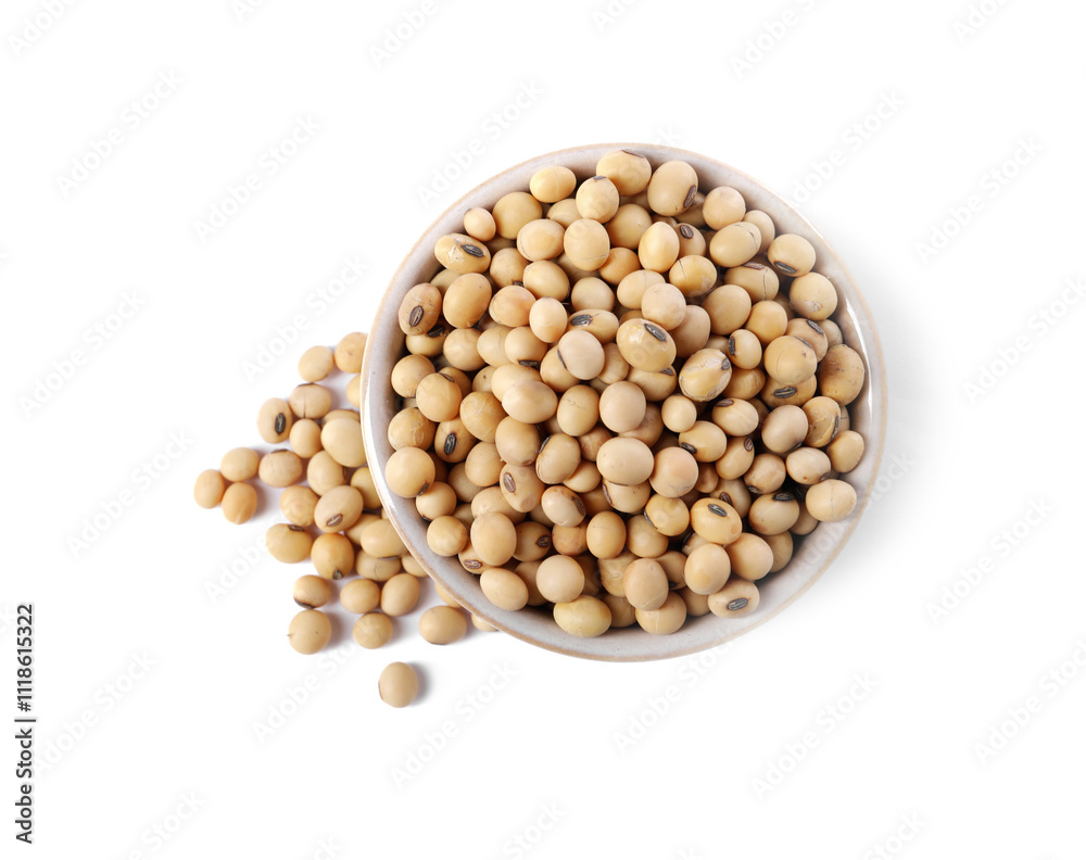 Soy beans in bowl isolated on white, top view Soy beans in bowl isolated on white, top view