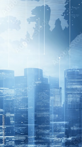 Digital Skyline: A conceptual image of a modern city skyline integrated with digital data streams and a world map overlay, representing technology, connectivity, and globalization.