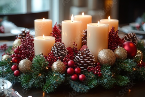 Festive holiday table centerpiece featuring candles, pinecones, and decorative ornaments arranged with evergreen foliage photo