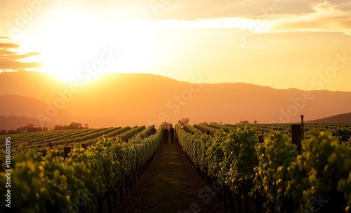 Backdrop photo of A picturesque vineyard landscape at sunset showcasing rows of grapevines with a backdrop of majestic mountains under a golden sky perfect for nature lovers in penedes spain 