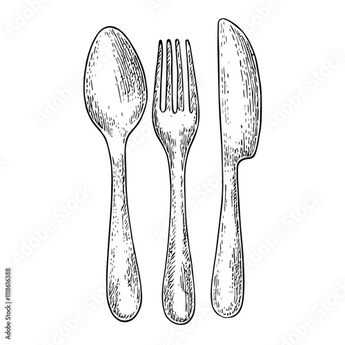 Spoon and Fork, Hand-Drawn Vector, Graphic Style, Cartoon Illustration, Black and White, Sketch Style, Isolated on White Background