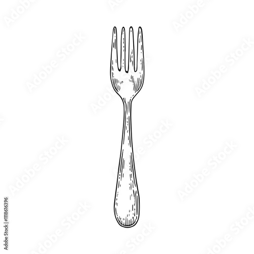 Fork, Hand-Drawn Vector, Graphic Style, Cartoon Illustration, Black and White, Sketch Style, Isolated on White Background