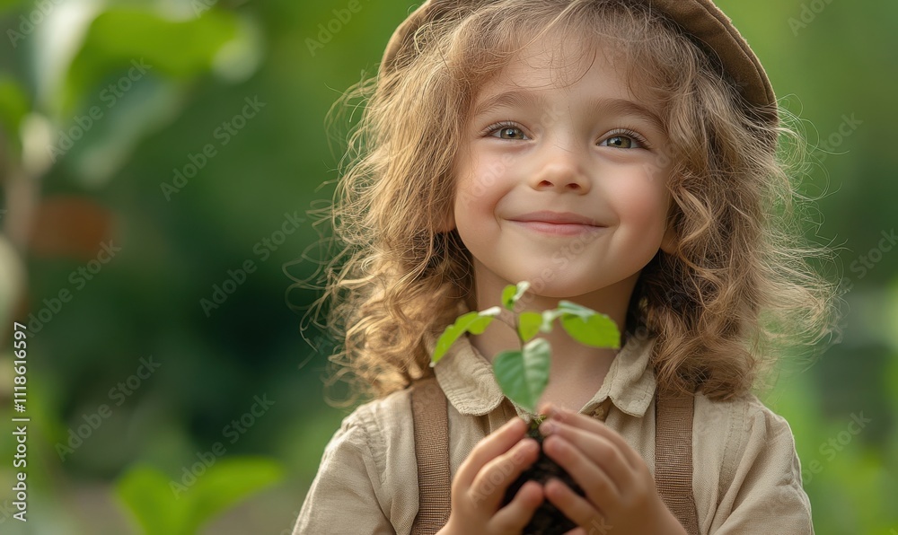 Happy Child Holding a Tiny Plant with a Smile in a Green Natural Environment, Representing Hope, Growth, and Connection to Nature in a Playful Atmosphere Happy Child Holding a Tiny Plant with a Smile in a Green Natural Environment, Representing Hope, Growth, and Connection to Nature in a Playful Atmosphere