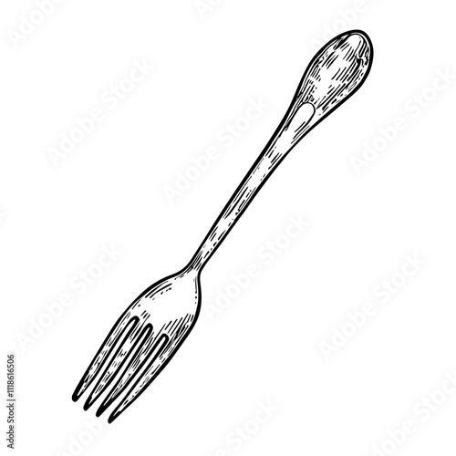 Fork, Hand-Drawn Vector, Graphic Style, Cartoon Illustration, Black and White, Sketch Style, Isolated on White Background