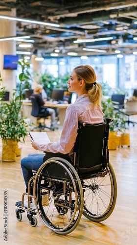 Confident woman in a wheelchair working in a modern office surrounded by plants
 photo