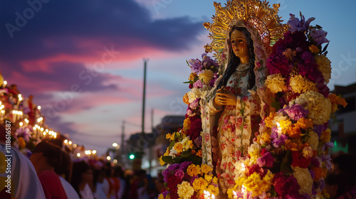 Día de la Divina Pastora, a large procession with the statue of the Divina Pastora decorated with colorful flowers, thousands of people walking with lit candles, Ai generated images photo