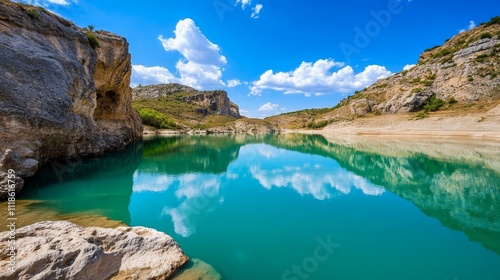 Serene Mountain Lake Reflections - A picturesque mountain lake showcasing vibrant turquoise waters, surrounded by rocky cliffs and lush greenery under a bright blue sky.